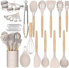 Umite Chef Kitchen Cooking Utensils Set, 33 pcs Non-Stick Silicone Cooking Kitchen Utensils Spatula Set with Holder, Wooden Handle Silicone Kitchen Gadgets Utensil Set (Khaki)