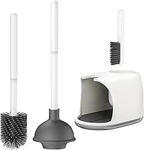 Toilet Brush and Plunger Set, 2 in 1 Toilet Bowl Brush Plunger Set with Holder, Bathroom Accessories Toilet Plunger with Caddy Stand for Deep Cleaning, White