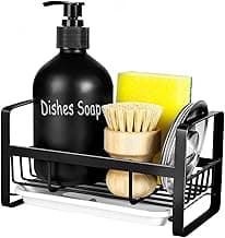 Sponge Holder for Kitchen Sink- Stainless Steel Kitchen Sink Caddy for Organizing Sponge, Brush & Soap Dish Dispenser, Kitchen Sink Organizer Rack with Adhesive or Counter top, Black