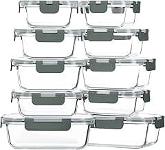 M MCIRCO 10-Pack Glass Food Storage Container with Lids, Airtight Glass Lunch Bento Boxes, Leak Proof Glass Meal Prep Container,Microwave, Oven, Freezer and Dishwasher Friendly