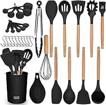 Home Hero 33 Pcs Silicone Kitchen Utensils Set, Non-Stick Silicone Cooking Utensils Set with Spatula, Wooden Handle Spatula, Silicone Kitchen Gadgets Utensil Set (33 Pcs - Black)