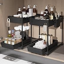 2 Pack Under Sink Organizers and Storage, 2 Tier Sliding Bathroom organizer,Multi-Use Under Kitchen Cabinet Storage Shelf (Black 2Pack)