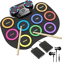 Electronic Drum Set 9Pads with LED Lights, Bluetooth Portable Electronic Drum Kit, Roll-Up Practice Drum Pad, Built-in Dual Speakers, Headphone, Holiday Birthday Gift for Kids Adults