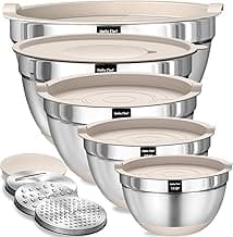 Umite Chef Mixing Bowls with Airtight Lids Set, 8PCS Stainless Steel Khaki Nesting Bowls with Grater Attachments, Kitchen Bowls with Non-Slip Bottoms, Size 5, 4, 3.5, 2, 1.5QT for Mixing & Serving