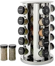 Kamenstein 20 Jar Revolving Countertop Spice Rack with Spices Included, FREE Spice Refills for 5 Years, Polished Stainless Steel with Black Caps, 30020