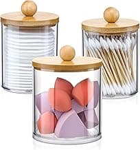 VITEVER 3 Pack Qtip Holder Dispenser with Bamboo Lids - Apothecary Jar Containers for Vanity Organizer Storage - Bathroom Accessories Set for Cotton Swab, Ball, Pads, Floss