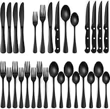 24-Piece Black Silverware Set with Steak Knives, Black Flatware Set for 4, Food-Grade Stainless Steel Tableware Cutlery Set, Mirror Finished Utensil Sets for Home Restaurant