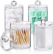 4 PACK Qtip Holder Dispenser for Cotton Ball, Cotton Swab, Cotton Round Pads, Floss Picks - Small Clear Plastic Apothecary Jar Set for Bathroom Canister Storage Organization, Vanity Makeup Organizer