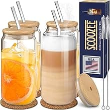 ICED Coffee Cups with Lids and Straws (18oz, Set of 4), | Aesthetic Coffee Bar Accessories l Apartment Essentials l Gifts for Everyone l Housewarming Gift l GLASS Cups With LIDS