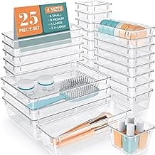 WOWBOX 25 PCS Clear Plastic Drawer Organizer Set, 4 Sizes Desk Drawer Divider Organizers and Storage Bins for Makeup, Jewelry, Gadgets for Kitchen, Bedroom, Bathroom, Office