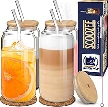 Glass Cups with Bamboo Lids and Glass Straws (18oz Set Iced Coffee Cup | Iced Tea Glasses | Aesthetic Coffee Bar Accessories | Home Essentials | New Apartment | Housewarming Gift