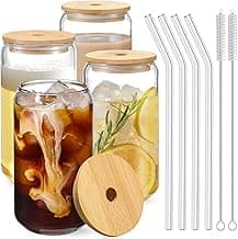 NETANY Drinking Glasses with Bamboo Lids and Glass Straw 4pcs Set - 16oz Can Shaped Glass Cups, Beer Glasses, Iced Coffee Glasses, Cute Tea Cup, Ideal for Cocktail, Whiskey, Gift - 2 Cleaning Brushes