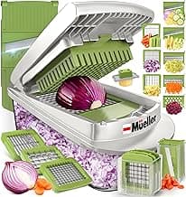 Mueller Pro-Series 10-in-1, 8 Blade Vegetable Chopper, Onion Mincer, Cutter, Dicer, Egg Slicer with Container, French Fry Cutter Potato Slicer, Home Essentials, Salad Chopper White Sand/Green