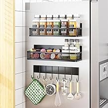 Magnetic Spice Rack for Refrigerator, 3 Pack Magnetic Shelf, Moveable Fridge Organizer with 8-Hook Rack, Seasoning Organizer for Kitchen